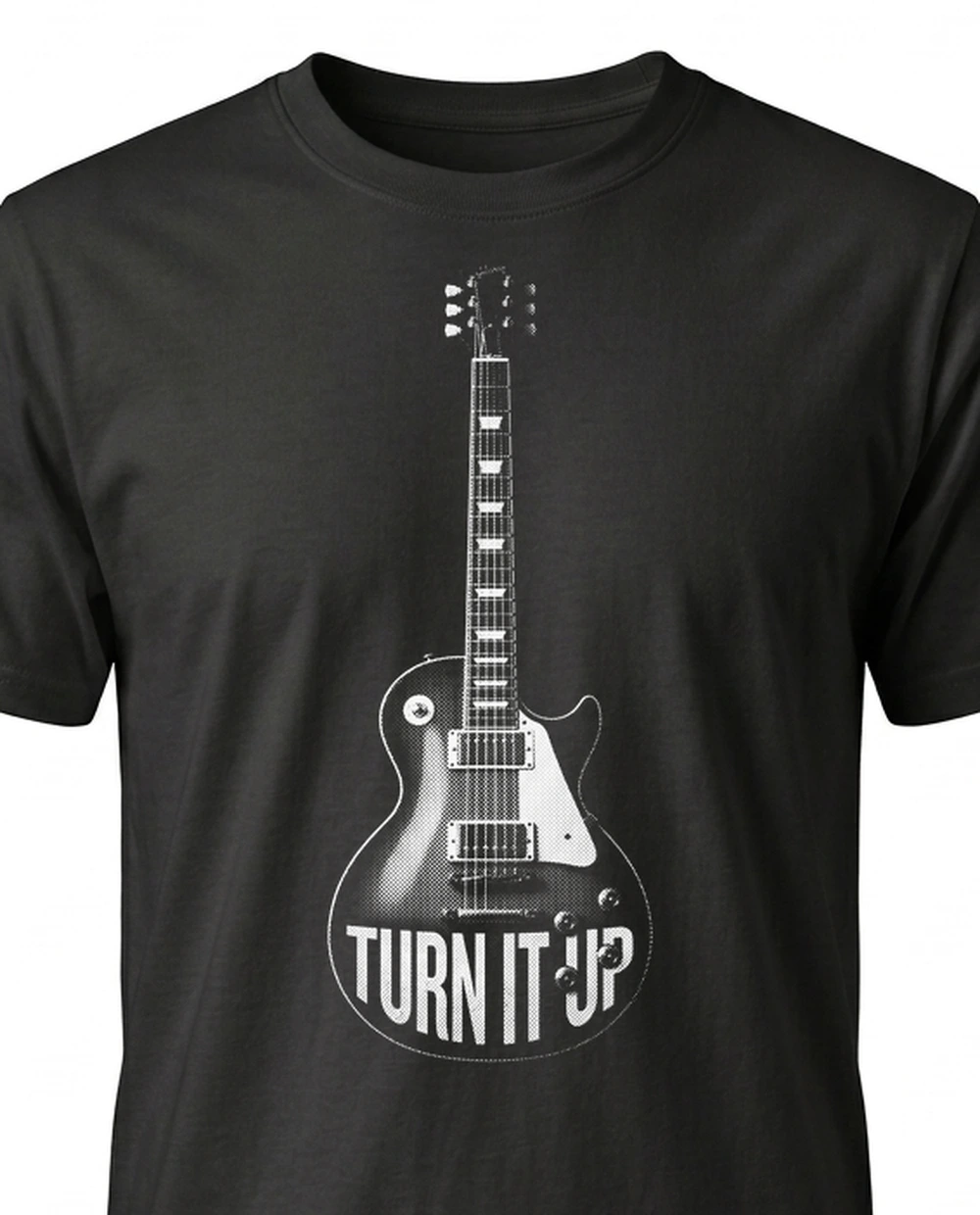 TURN IT UP guitar — Halftone Print on a black tee