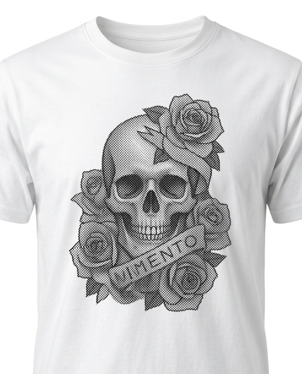 MEMENTO skull & roses — Halftone Print on a white tee