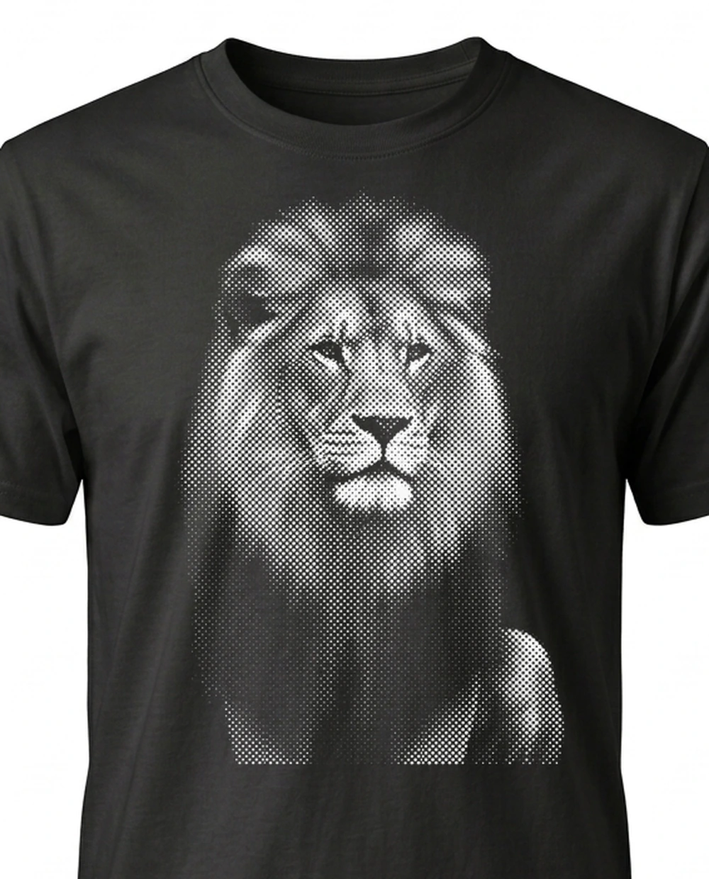 Lion — Halftone Print graphic on a black tee