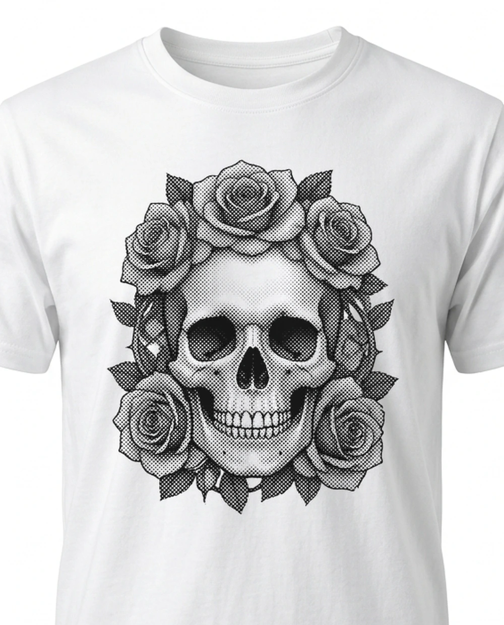 Skull & roses — Halftone Print graphic on a white tee