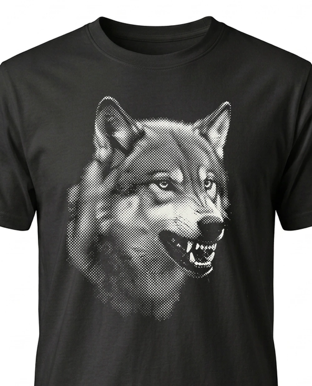 Wolf — Halftone Print graphic on a black tee