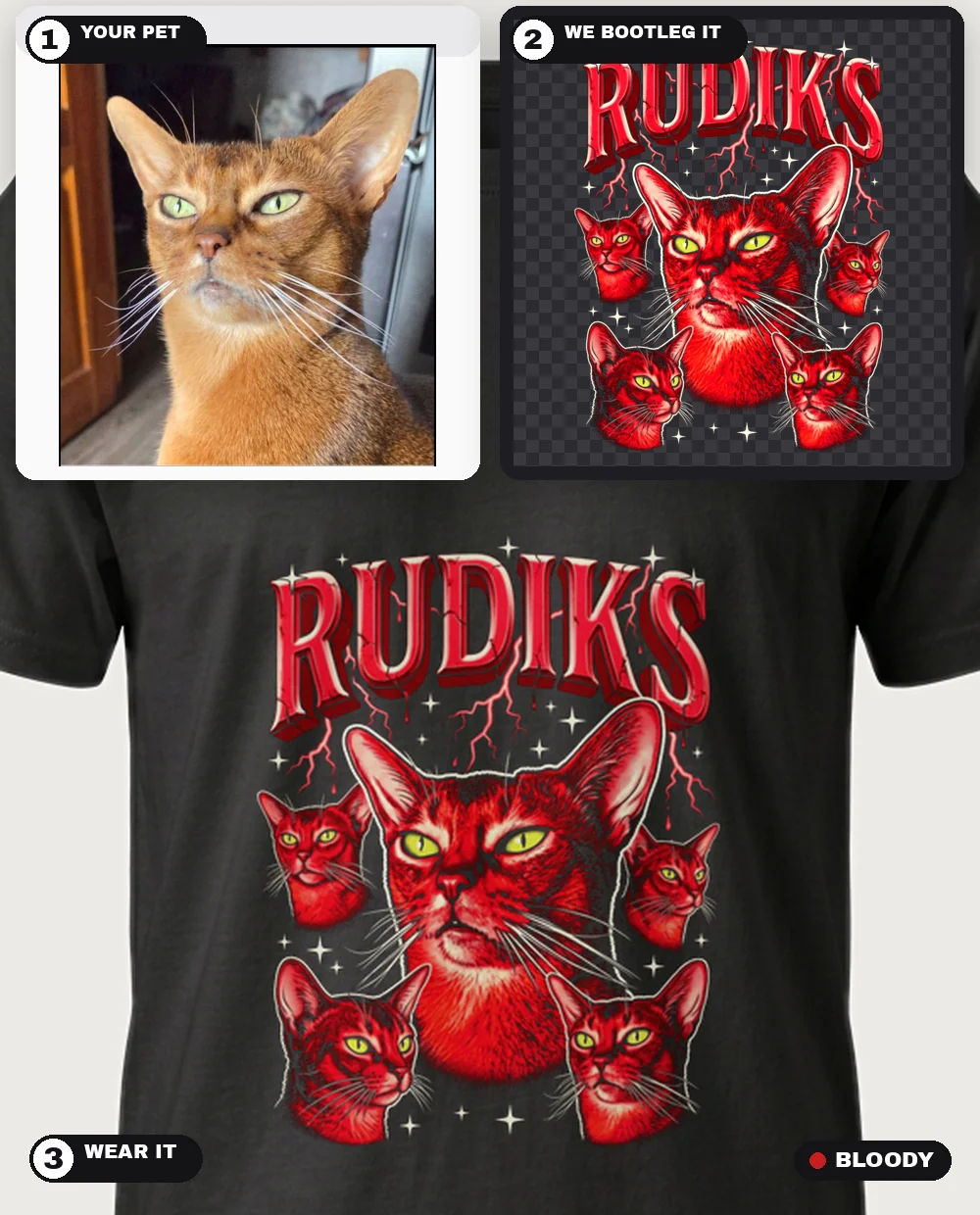 The same cat in the Bloody theme, worn on a black tee — three-step collage
