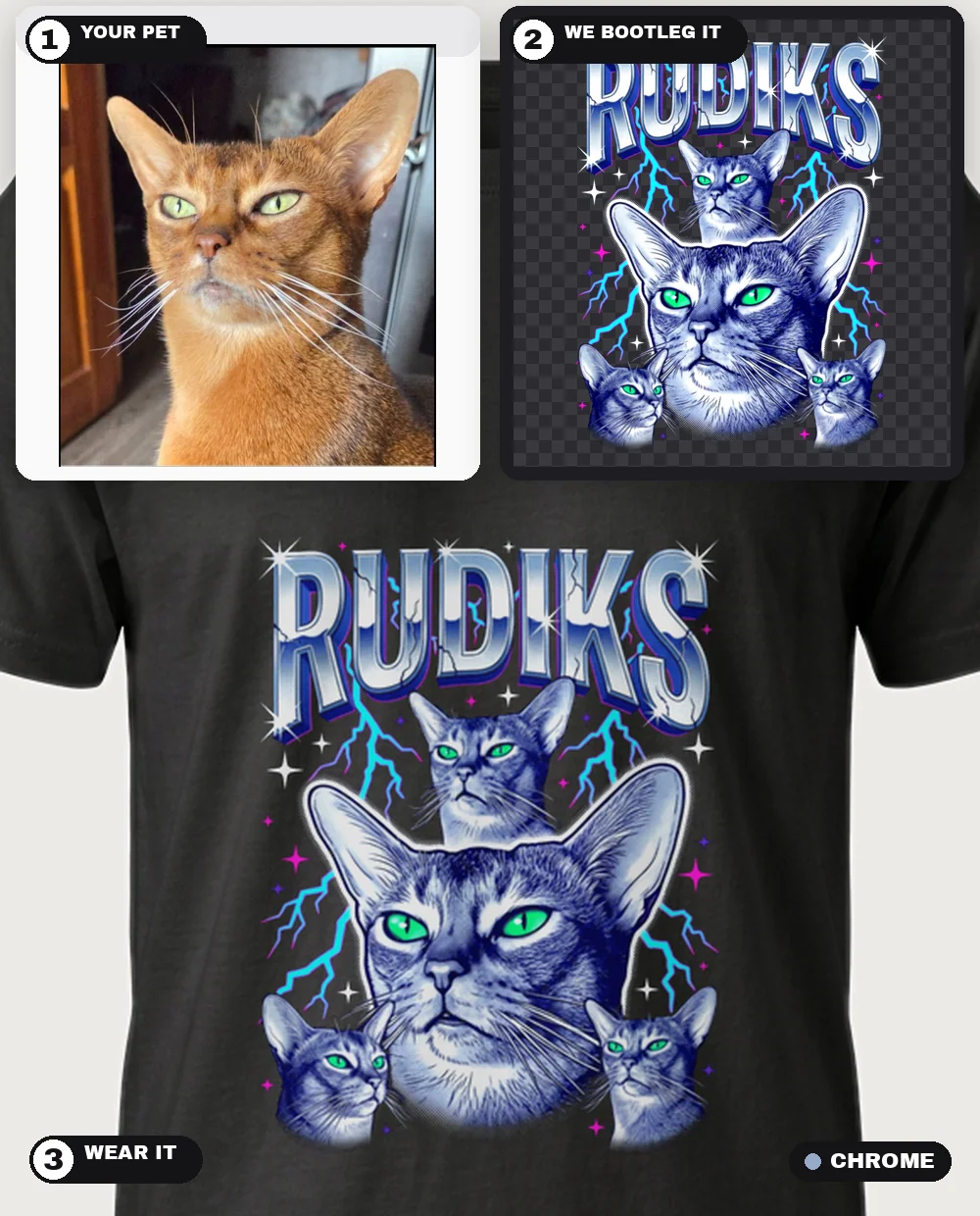 An Abyssinian cat photo turned into a Chrome-theme 90s bootleg rap-tee — five halftone portraits with the arched chrome name RUDIKS and lightning, worn on a black tee — three-step collage