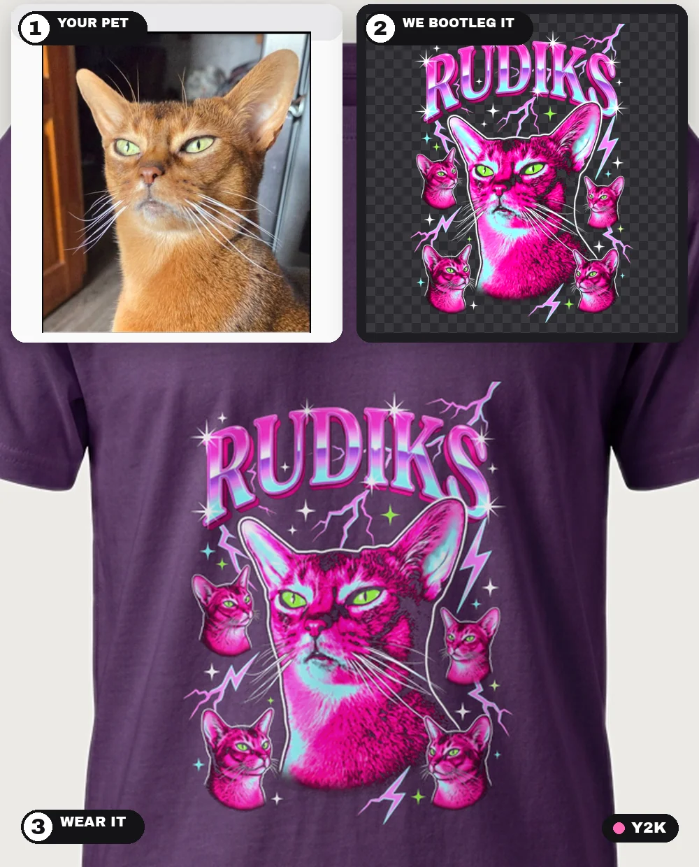 The same cat in the pink Y2K theme, worn on a purple tee — three-step collage