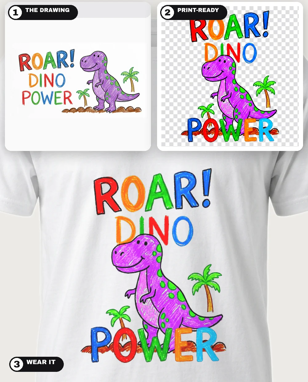 A child's "ROAR! DINO POWER" purple dinosaur drawing, reproduced as drawn on a white tee — three-step collage