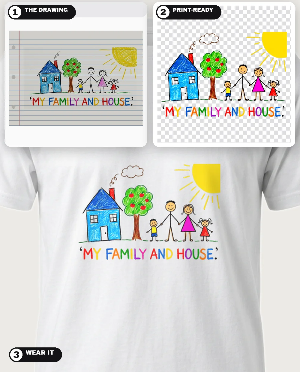 A child's crayon drawing "MY FAMILY AND HOUSE" photographed on LINED notebook paper with binder holes — the ruled lines and paper removed, the drawing reproduced exactly as drawn on a white tee — three-step collage