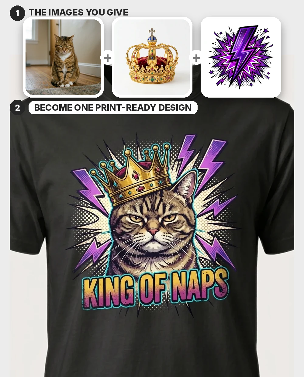 Three source images — a grumpy tabby cat photo, a gold crown and a lightning burst — merged into one 90s-bootleg "KING OF NAPS" design, shown worn on a black tee
