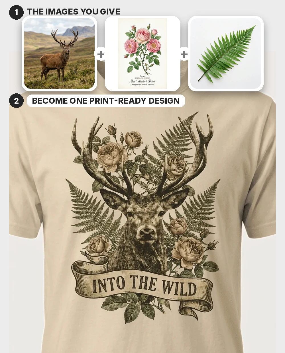 Three source images — a stag, vintage roses and a fern — merged into one antique-engraving "INTO THE WILD" design, shown worn on a sand tee