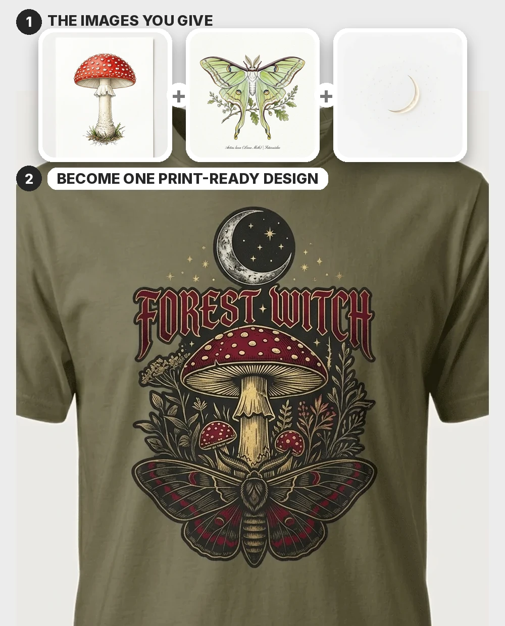 Three source images — an amanita mushroom, a moth and a crescent moon — merged into one dark botanical "FOREST WITCH" design, shown worn on a military-green tee