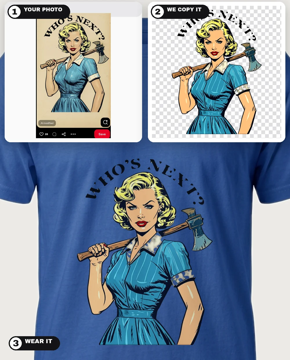 A watermarked screenshot of a pin-up "Who's Next?" design, copied clean as a print-ready PNG, and worn on a royal blue tee — three-step collage