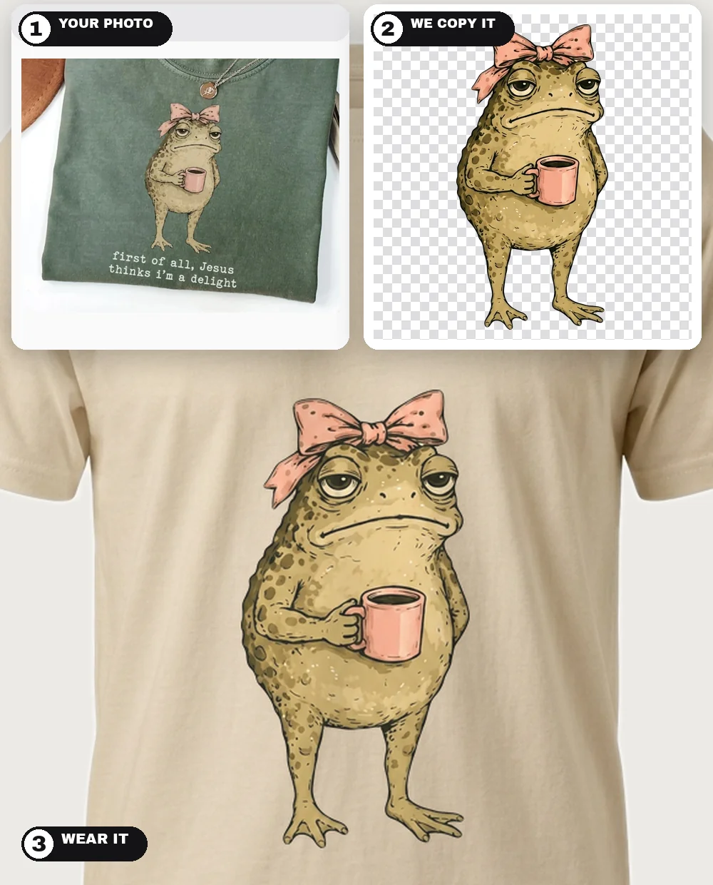 A tee photo of a grumpy frog design, copied clean as a print-ready PNG, and worn on a sand tee — three-step collage