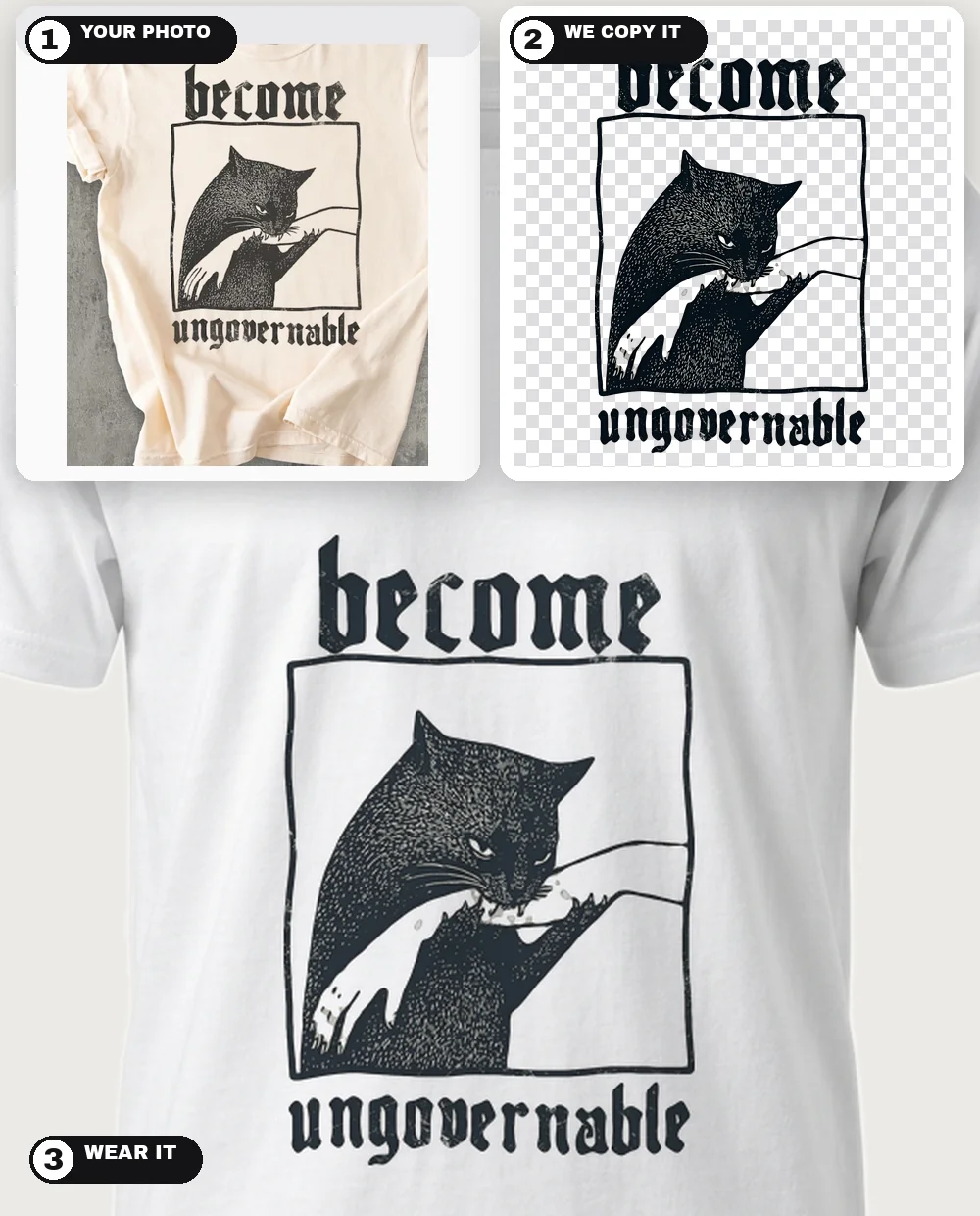 A tee photo of a "Become Ungovernable" cat design, copied clean as a print-ready PNG, and worn on a white tee — three-step collage