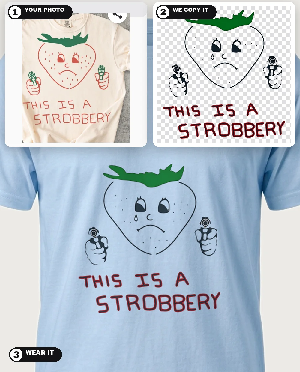 A tee photo of a "This is a Strobbery" strawberry design, copied clean as a print-ready PNG, and worn on a light-blue tee — three-step collage