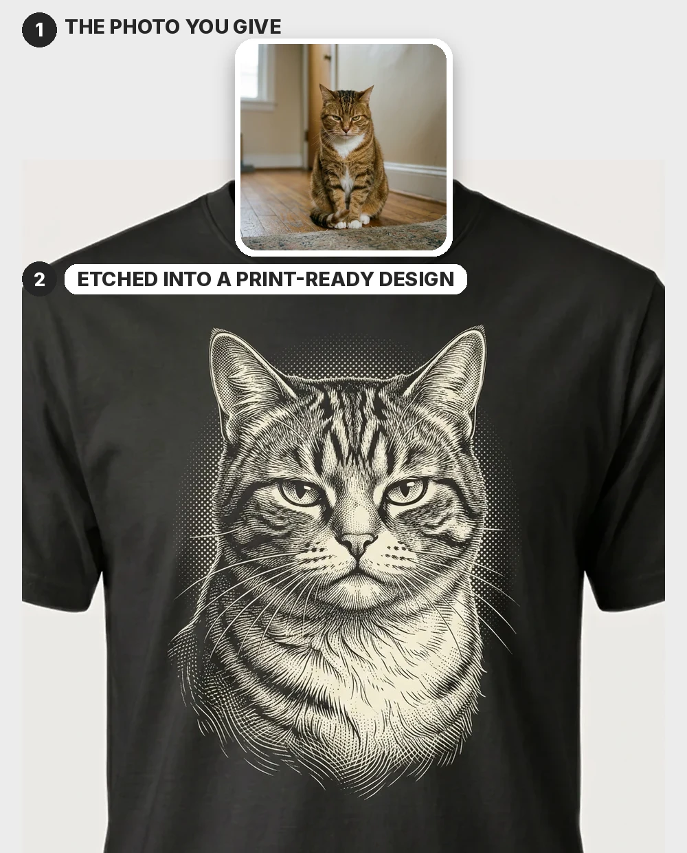 A photo of a tabby cat etched into a 19th-century cream crosshatch engraving, shown worn on a black tee