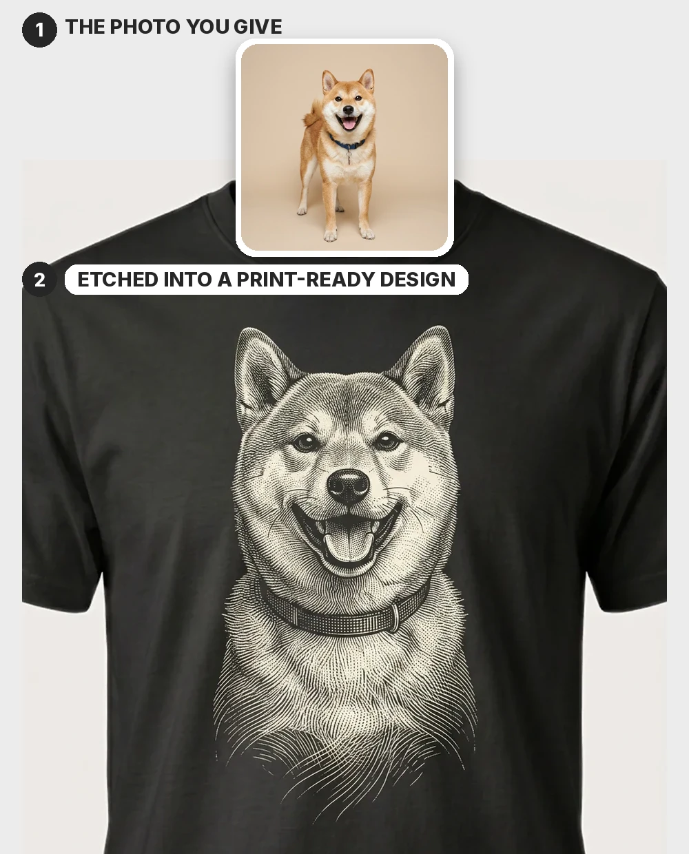 A photo of a shiba inu etched into a cream crosshatch engraving, shown worn on a black tee