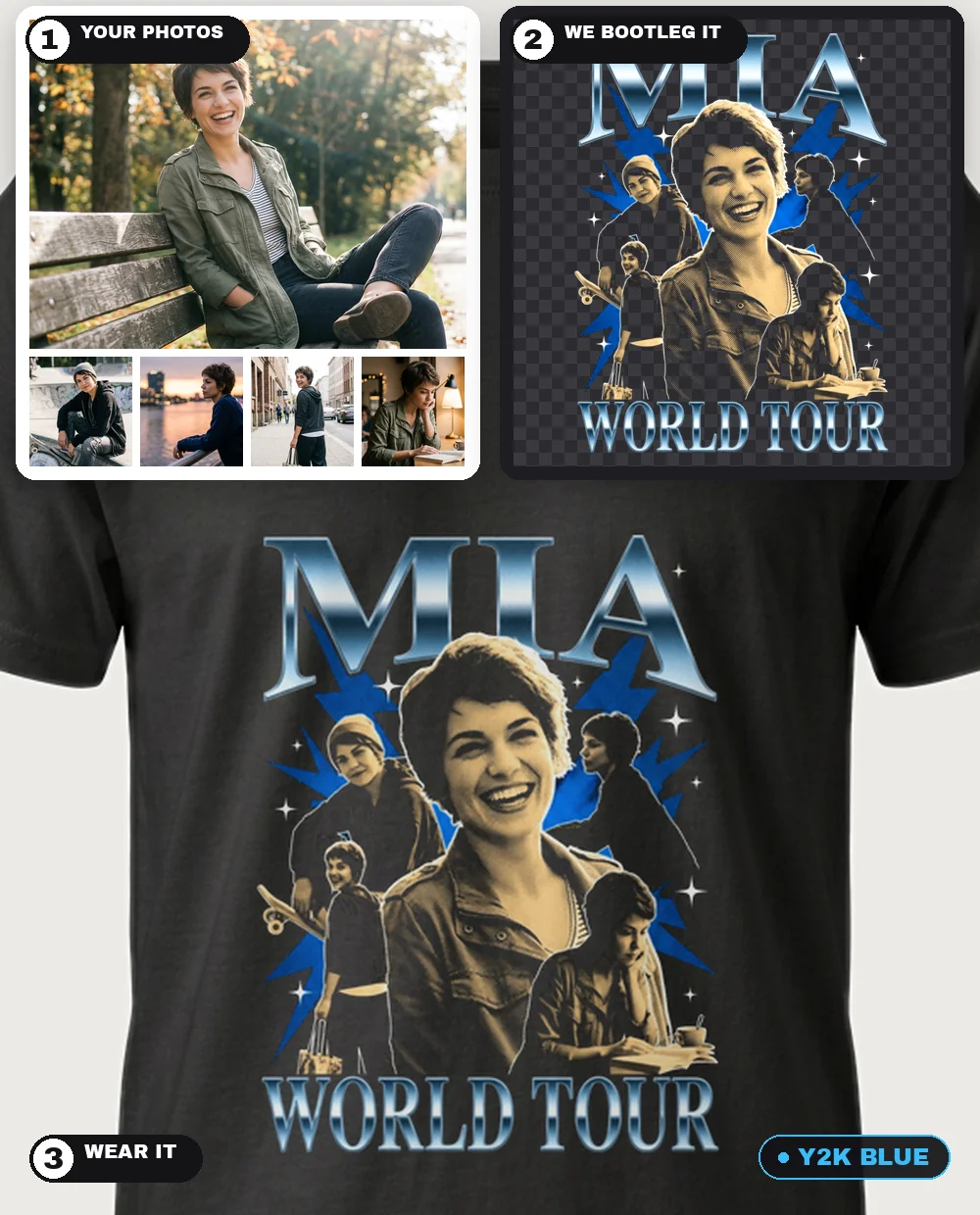 Five photos of the same woman turned into a Y2K Blue photo-bootleg collage — big central pose, four satellite cutouts, chrome MIA WORLD TOUR arcs and blue dotted lightning, worn on a black tee — three-step collage