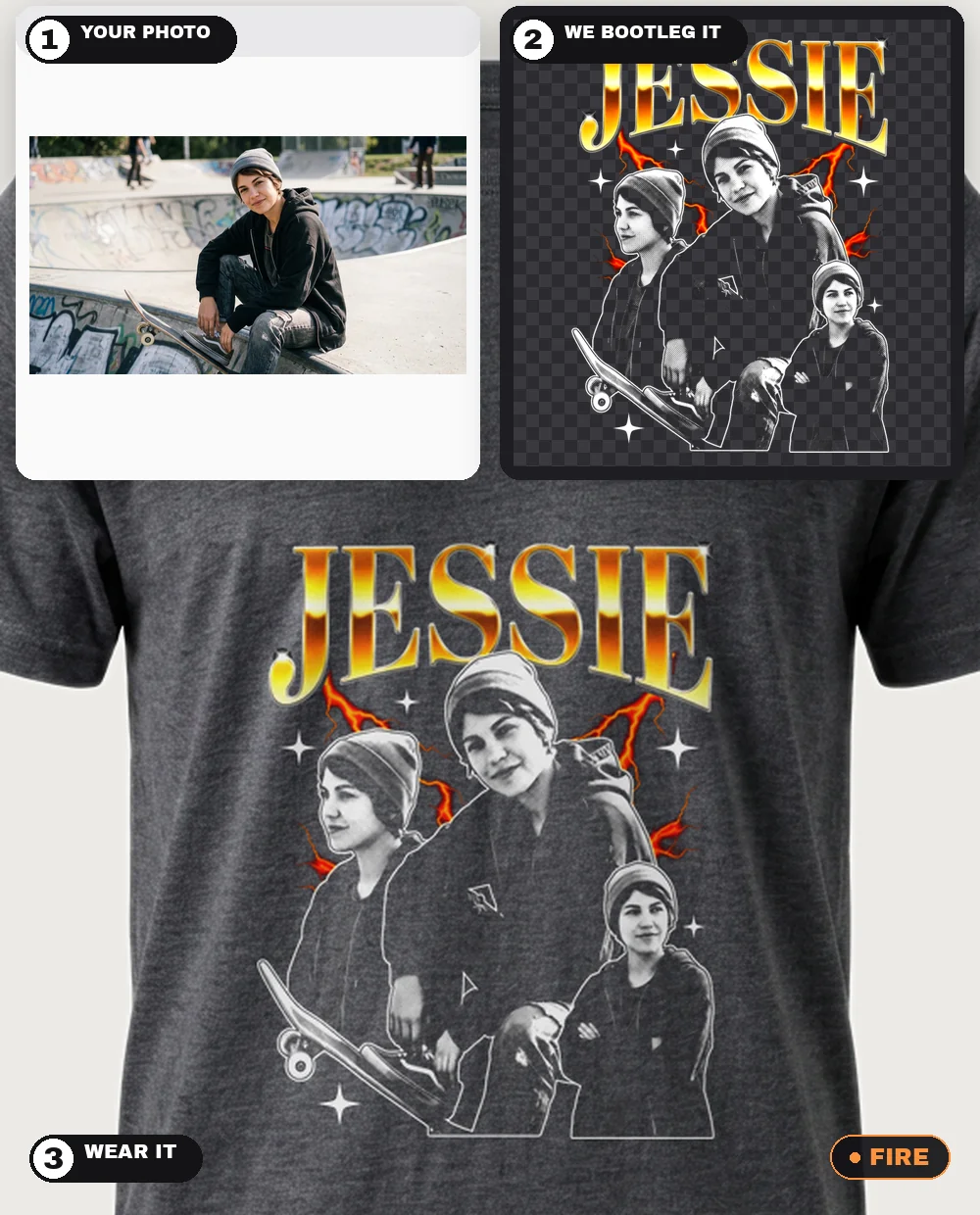 A single skatepark photo turned into a Fire-theme photo bootleg — hero pose plus invented satellite angles of the same person under the molten-gold chrome name JESSIE, worn on a dark-heather tee — three-step collage