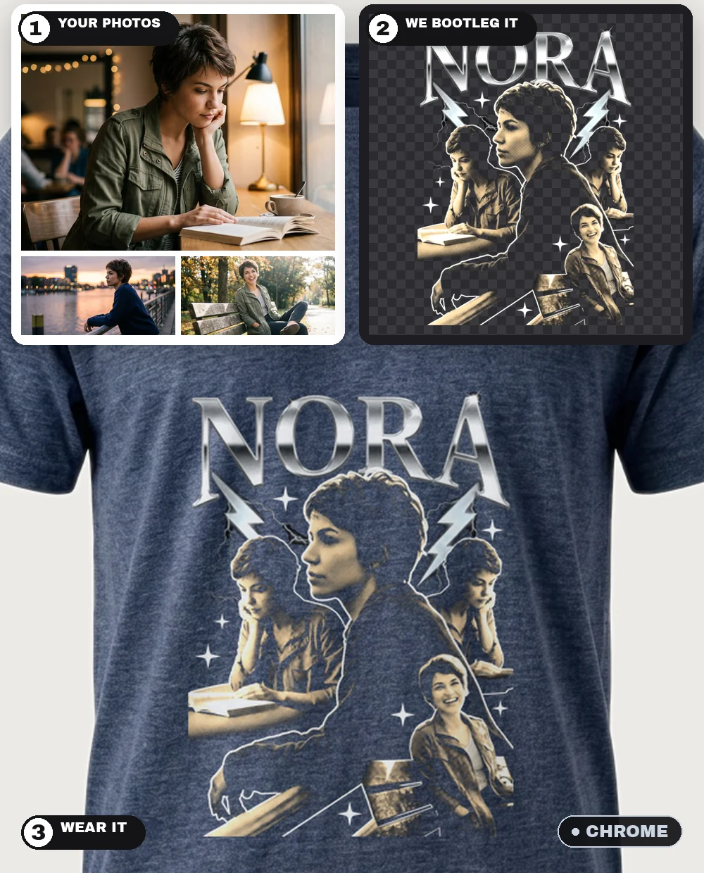 Three photos as a silver Chrome-theme bootleg collage with the arched chrome name NORA, worn on a heather-navy tee — three-step collage
