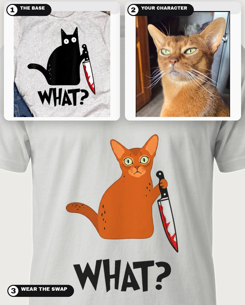 The black-cat-with-knife "WHAT?" design and an Abyssinian cat photo — the cat swapped in, pose and knife kept, with the cloned "WHAT?" caption, worn on an ash tee — three-step collage