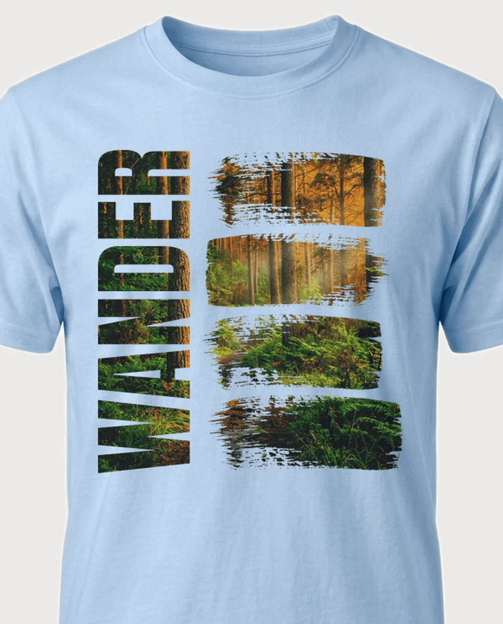 WANDER knockout (4 bands) on a light-blue tee
