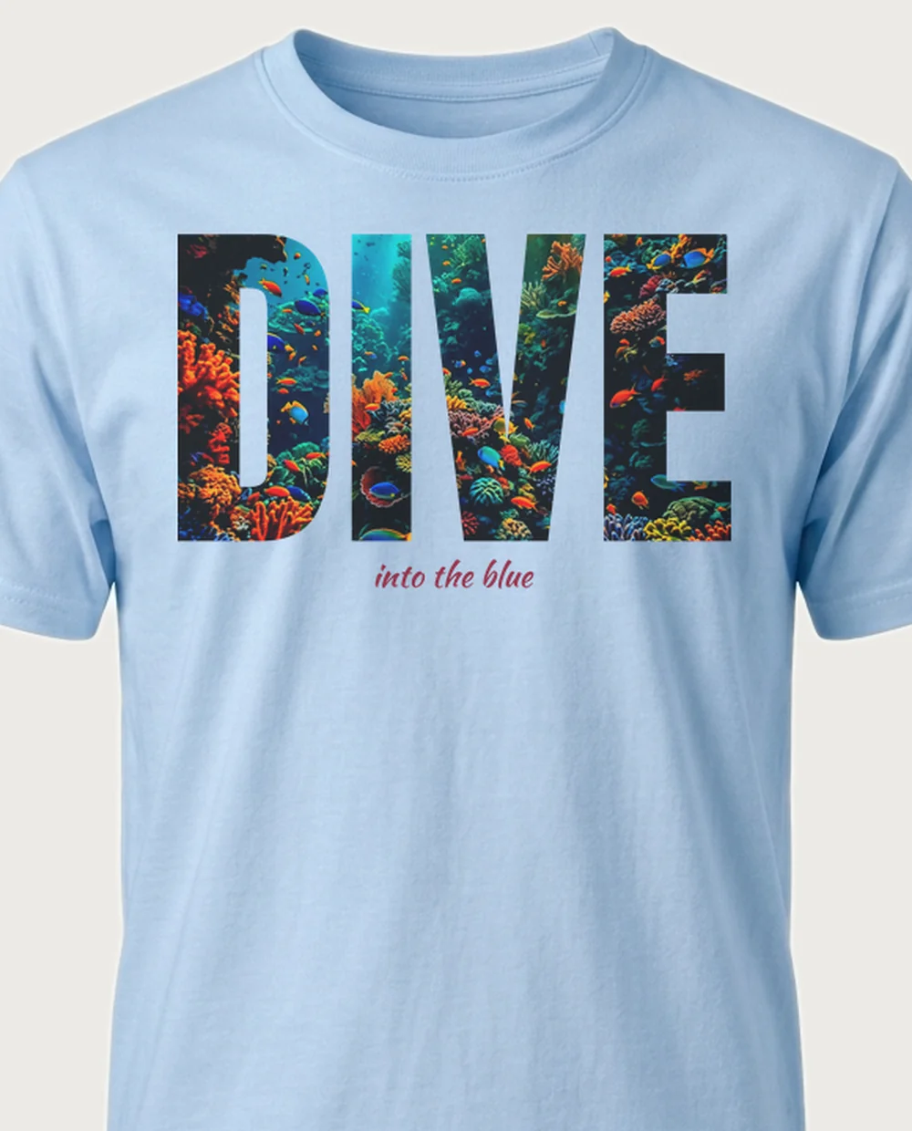 DIVE into the blue reef — Knockout Word on a light-blue tee