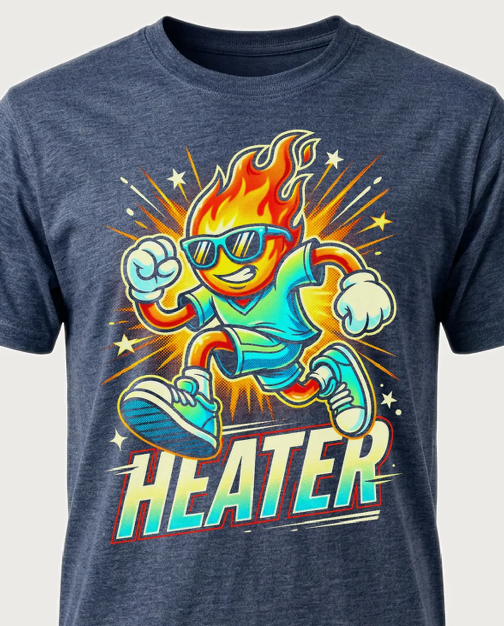 HEATER flame mascot — Mascot on a heather navy tee
