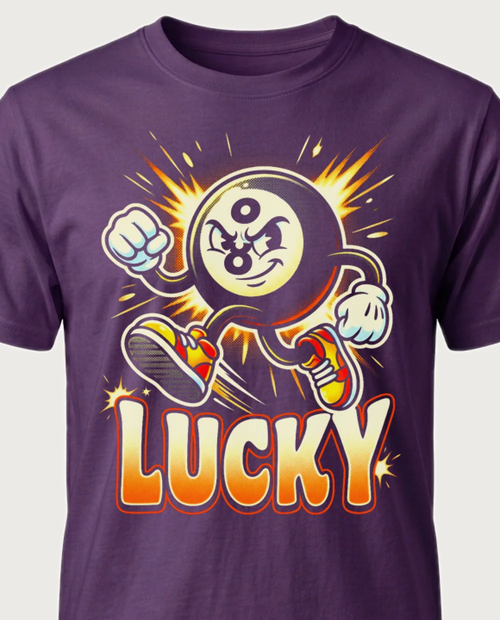 LUCKY 8-ball mascot — Mascot on a purple tee