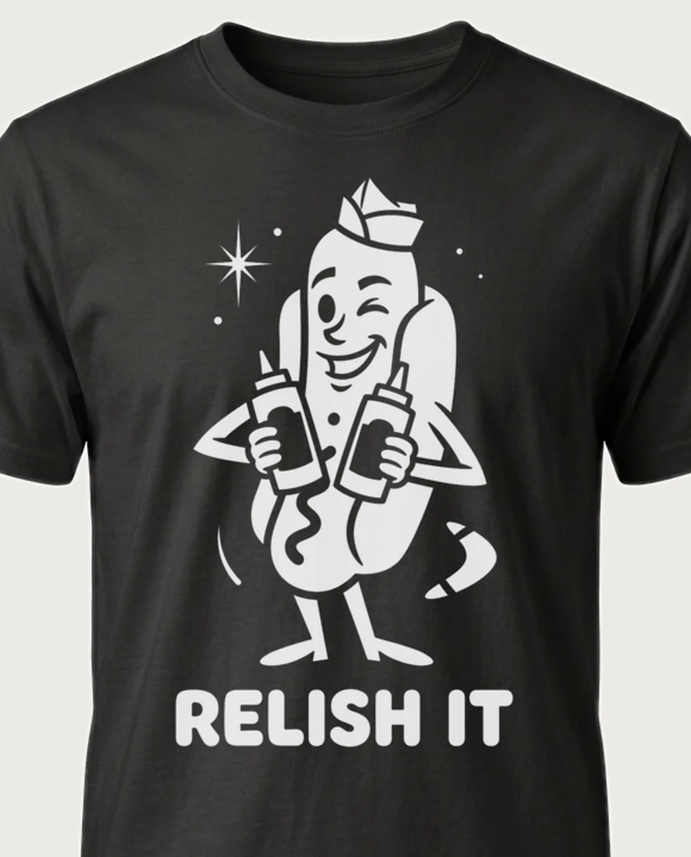 RELISH IT hot dog — 50s Mascot on a black tee