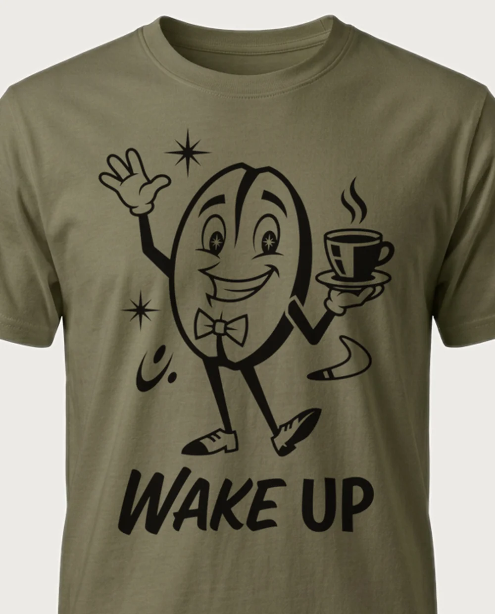 WAKE UP coffee bean — 50s Mascot on a military-green tee