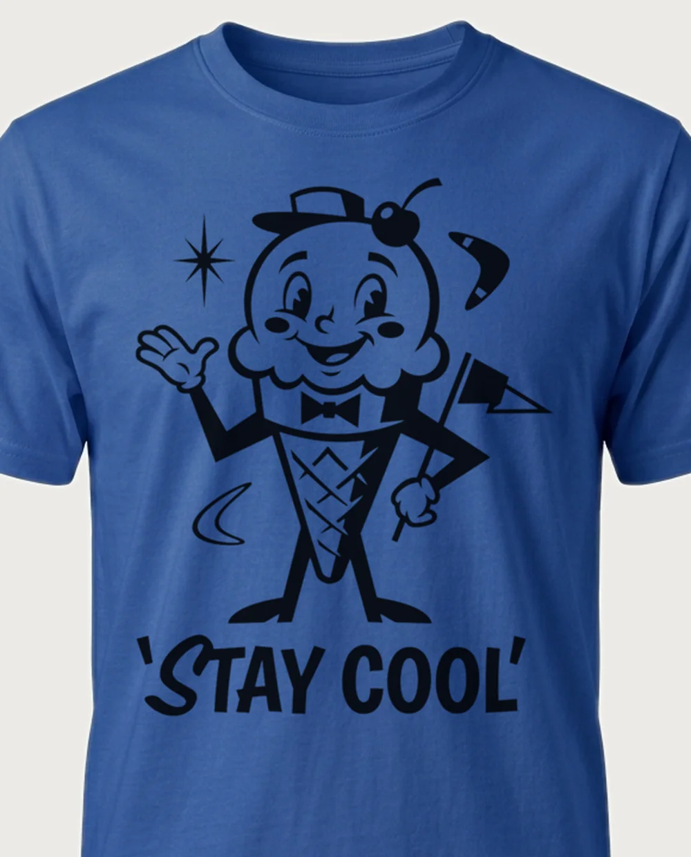 STAY COOL ice cream — 50s Mascot on a royal blue tee
