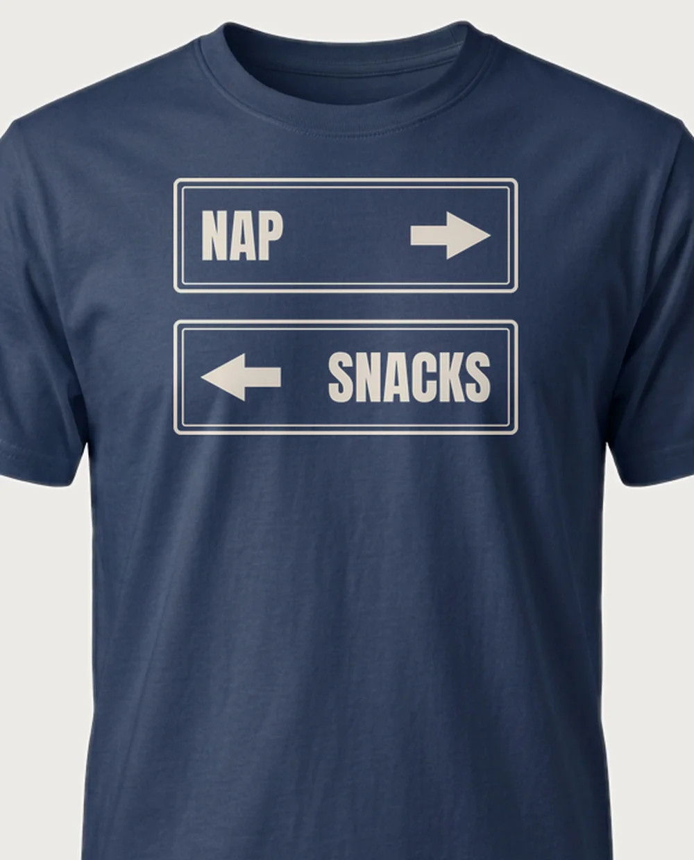 'NAP / SNACKS' — Directional Signs on a navy tee