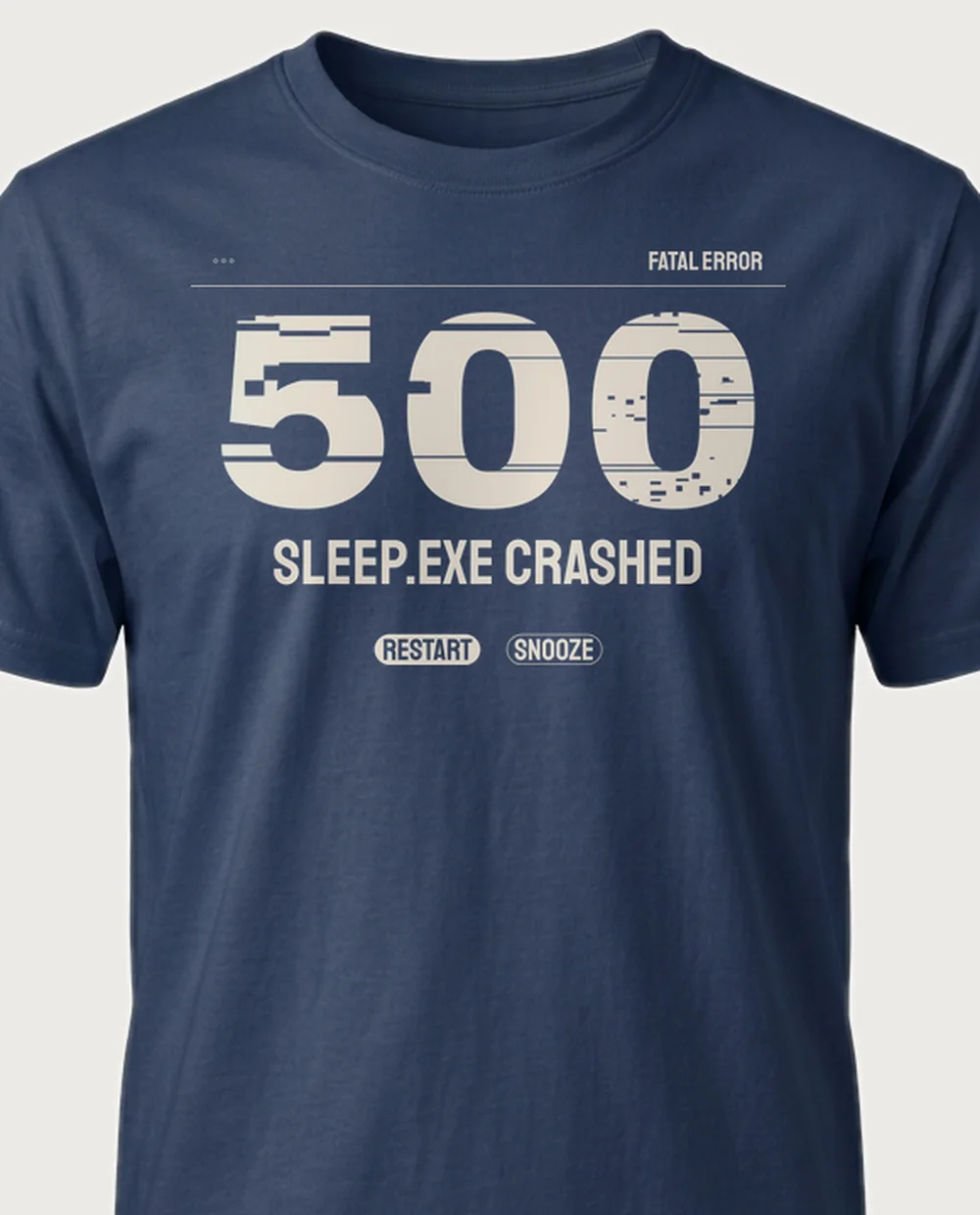 'SLEEP.EXE CRASHED' — Error 404 on a navy tee