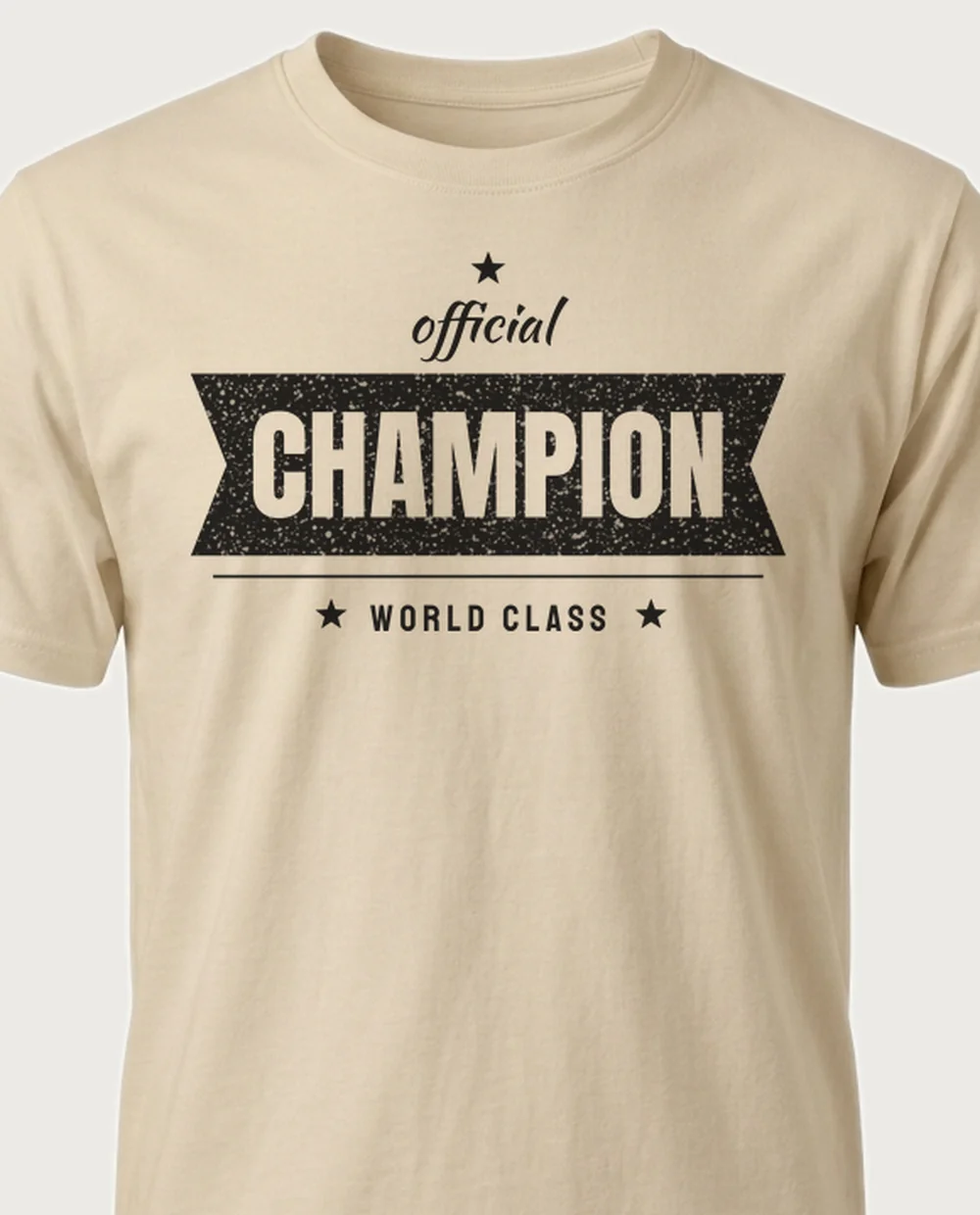 'CHAMPION' — Ribbon Banner on a sand tee