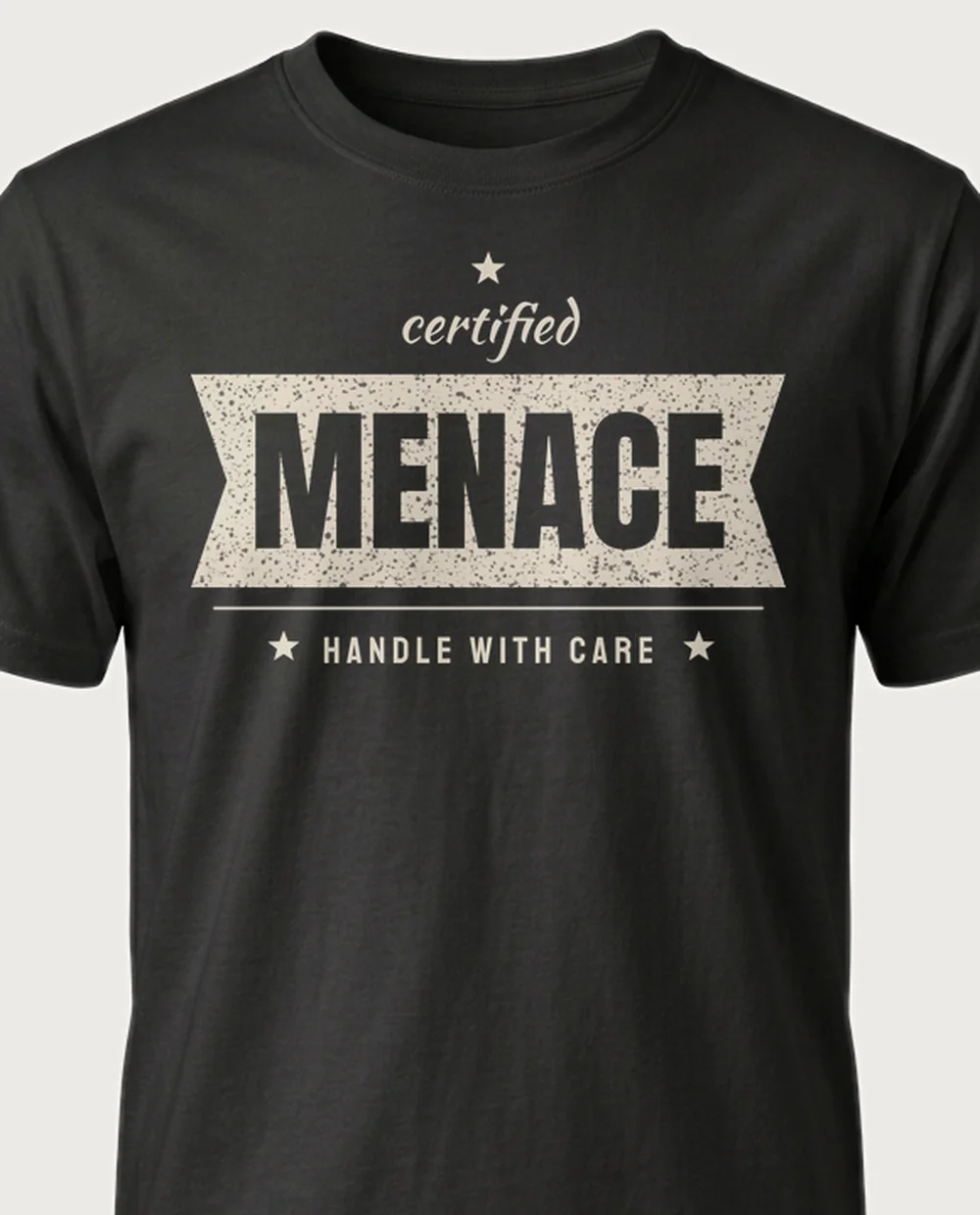 'MENACE' — Ribbon Banner on a black tee