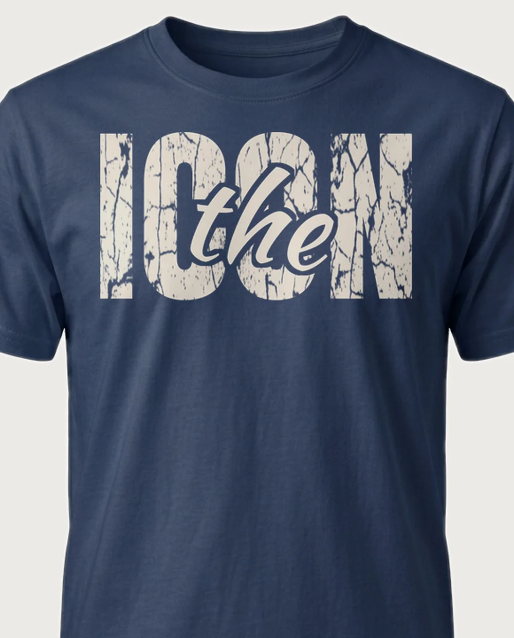 'ICON' — Script Overlay on a navy tee