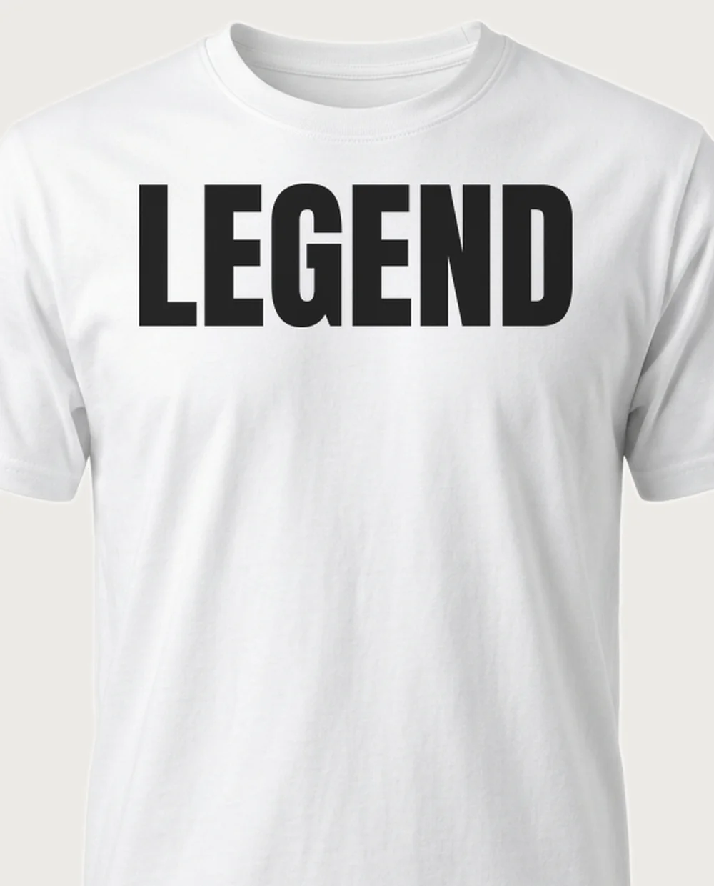 'LEGEND' — Stacked Text, plain Anton, on a white tee