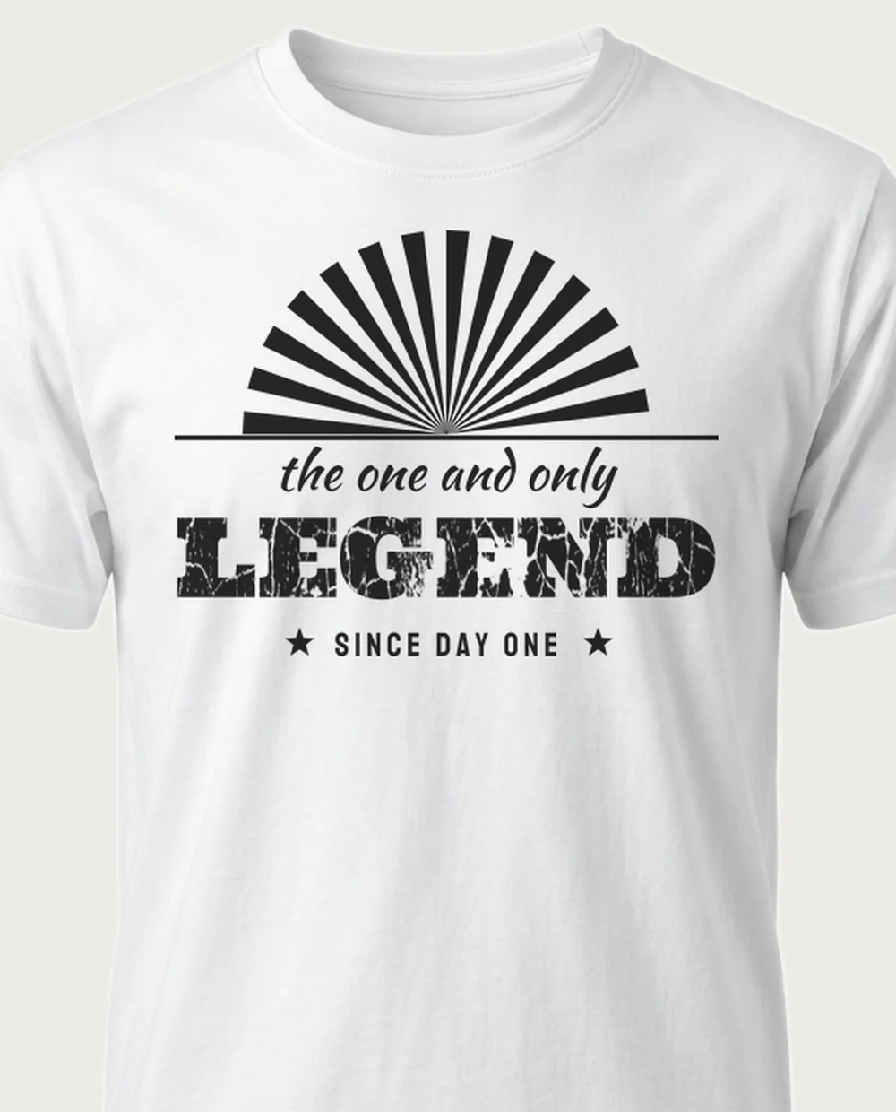 'LEGEND' — Sunburst Headliner on a white tee