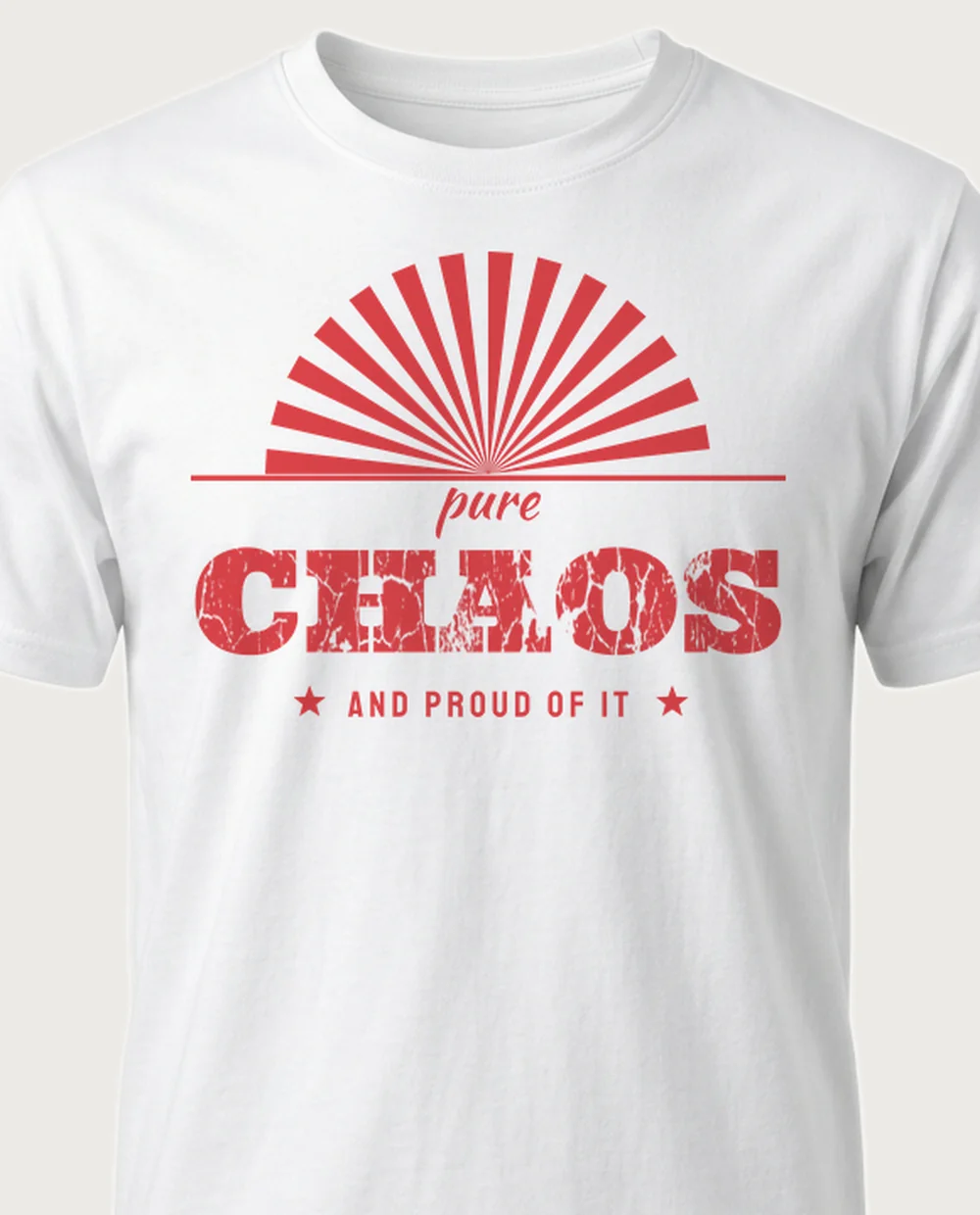 'CHAOS' — Sunburst Headliner on a white tee