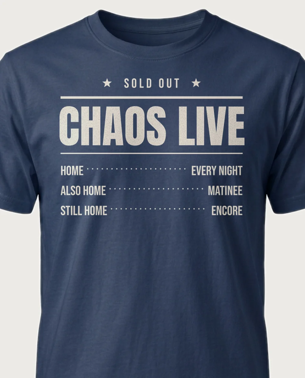 'CHAOS LIVE' — Tour Poster on a navy tee