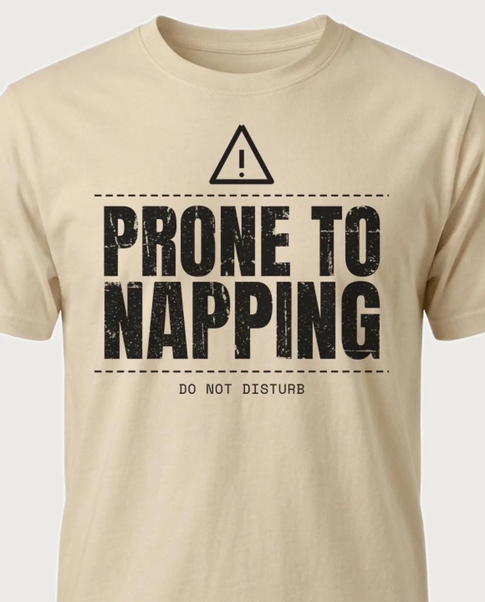 'Prone to napping' — Warning Label on a sand tee