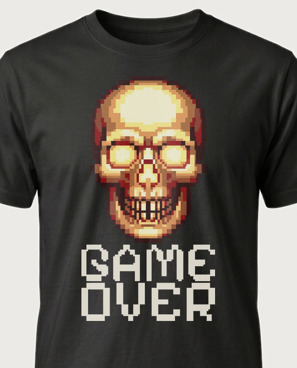 GAME OVER skull — Pixel Graphic on a black tee