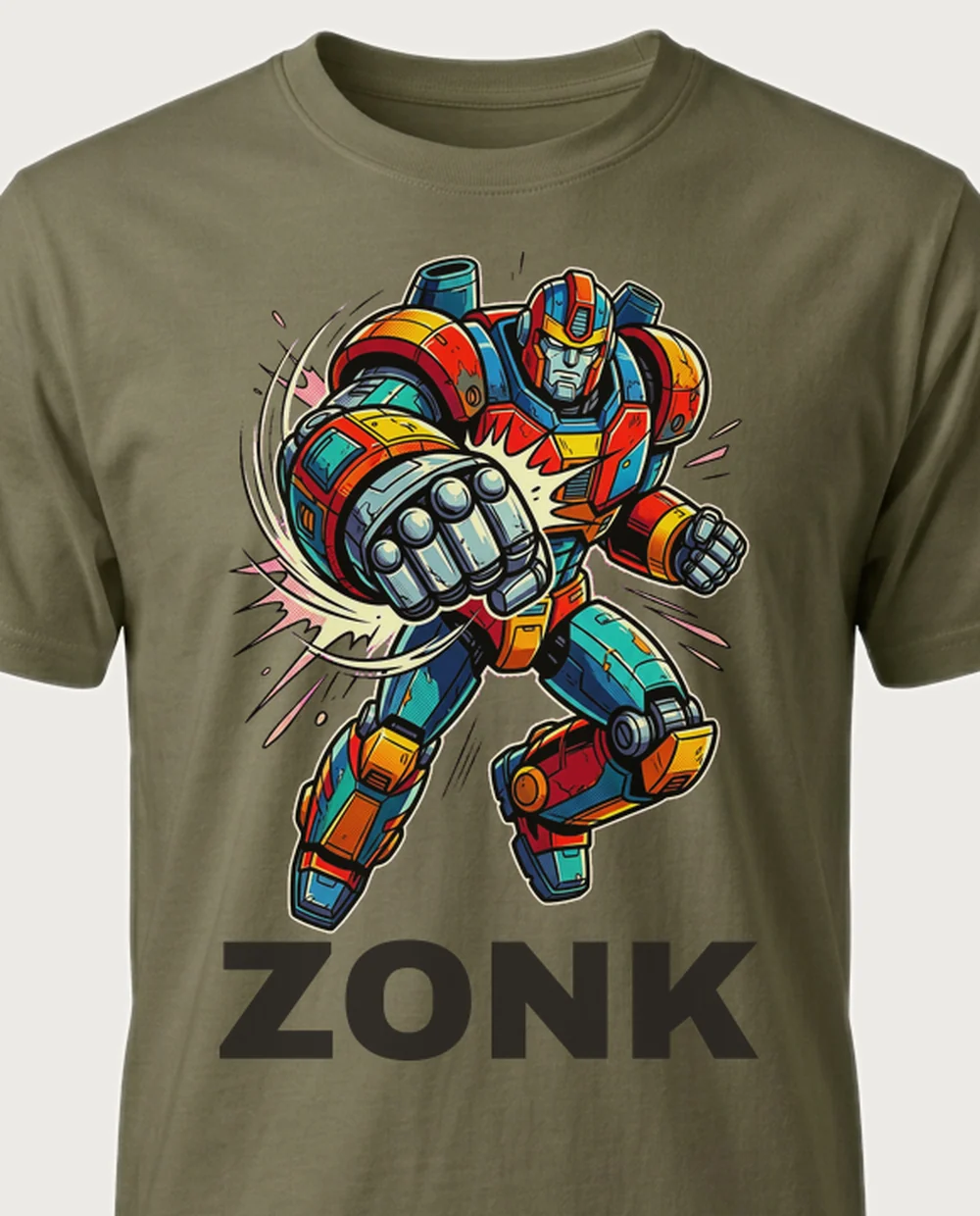 ZONK robot — Pop Art Comic on a military-green tee
