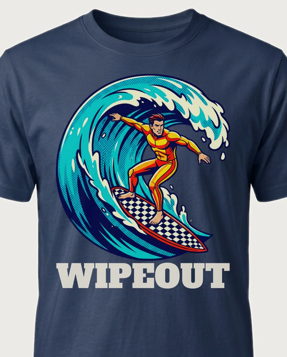 WIPEOUT surfer — Pop Art Comic on a navy tee