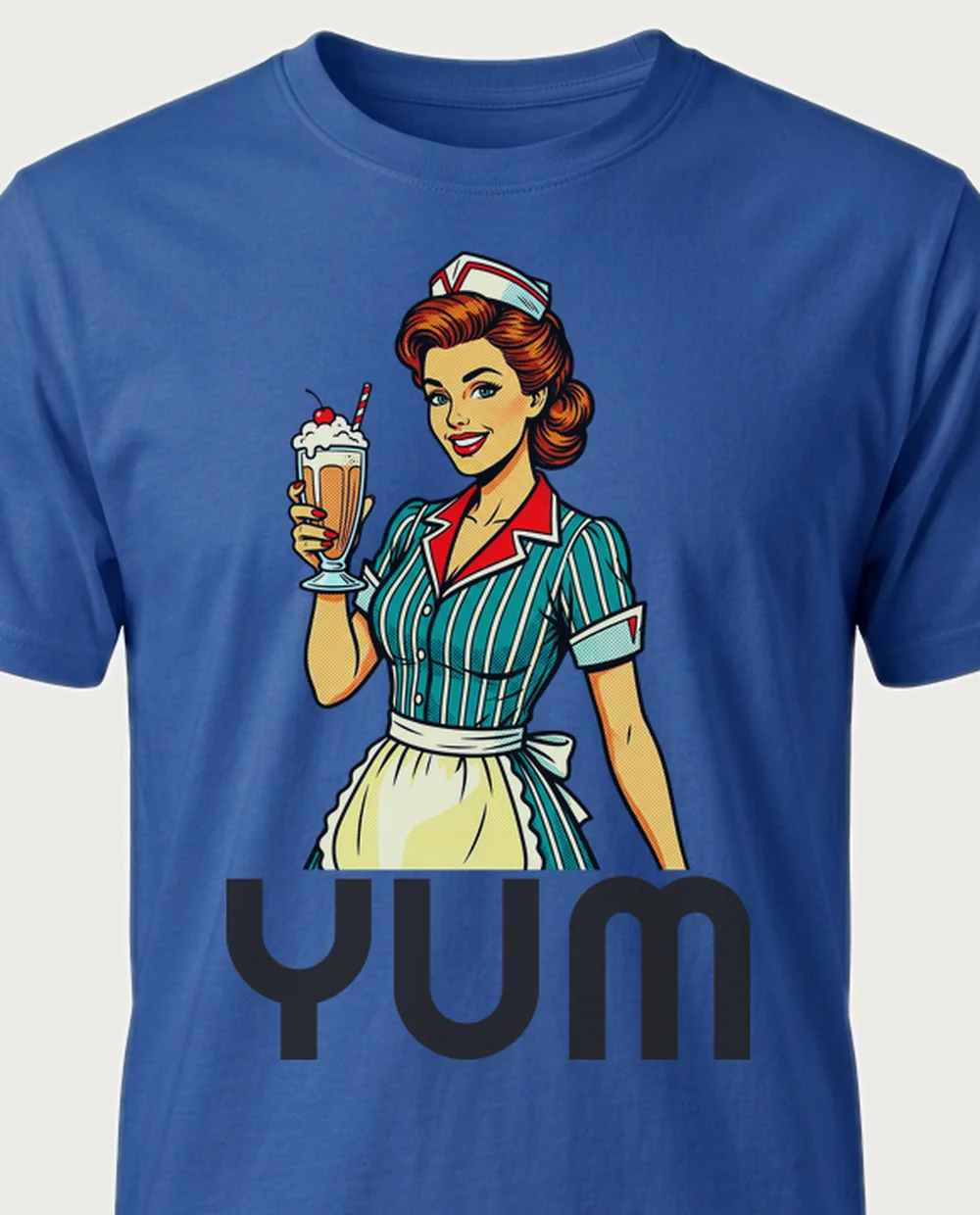 YUM diner — Pop Art Comic on a royal blue tee