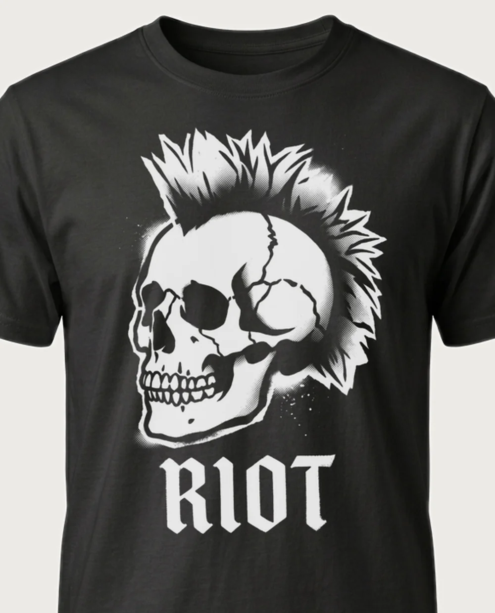 RIOT skull — Punk Stencil on a black tee