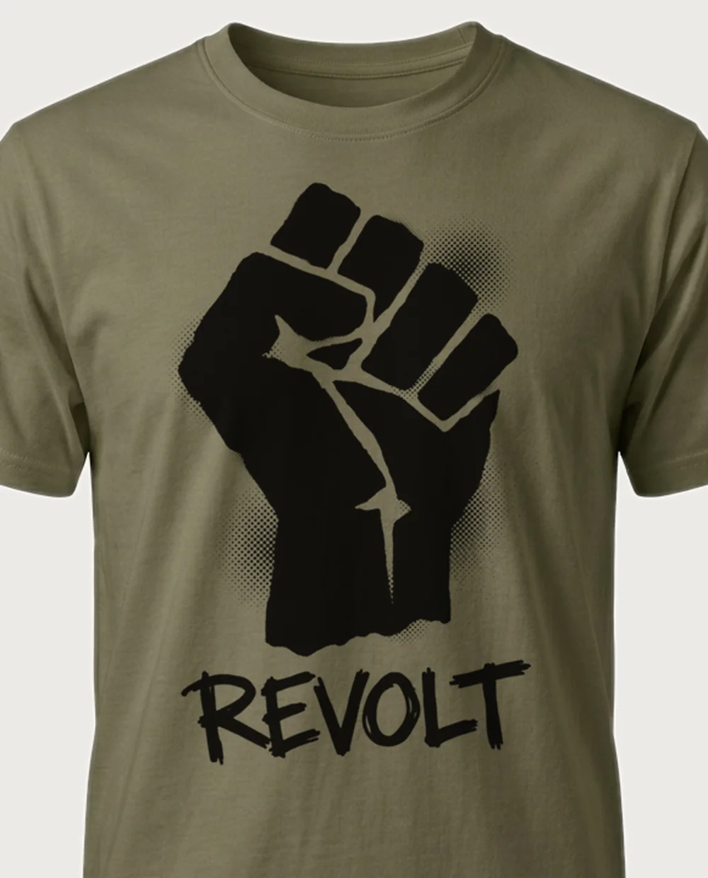 REVOLT fist — Punk Stencil on a military-green tee