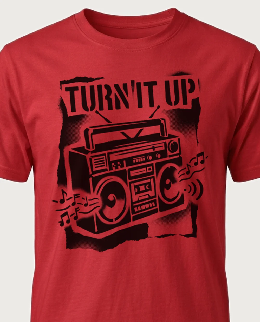 TURN IT UP boombox — Punk Stencil on a red tee