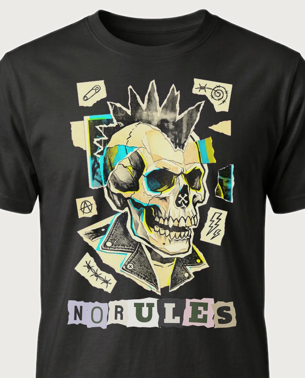 NO RULES skull — Ransom Zine on a black tee