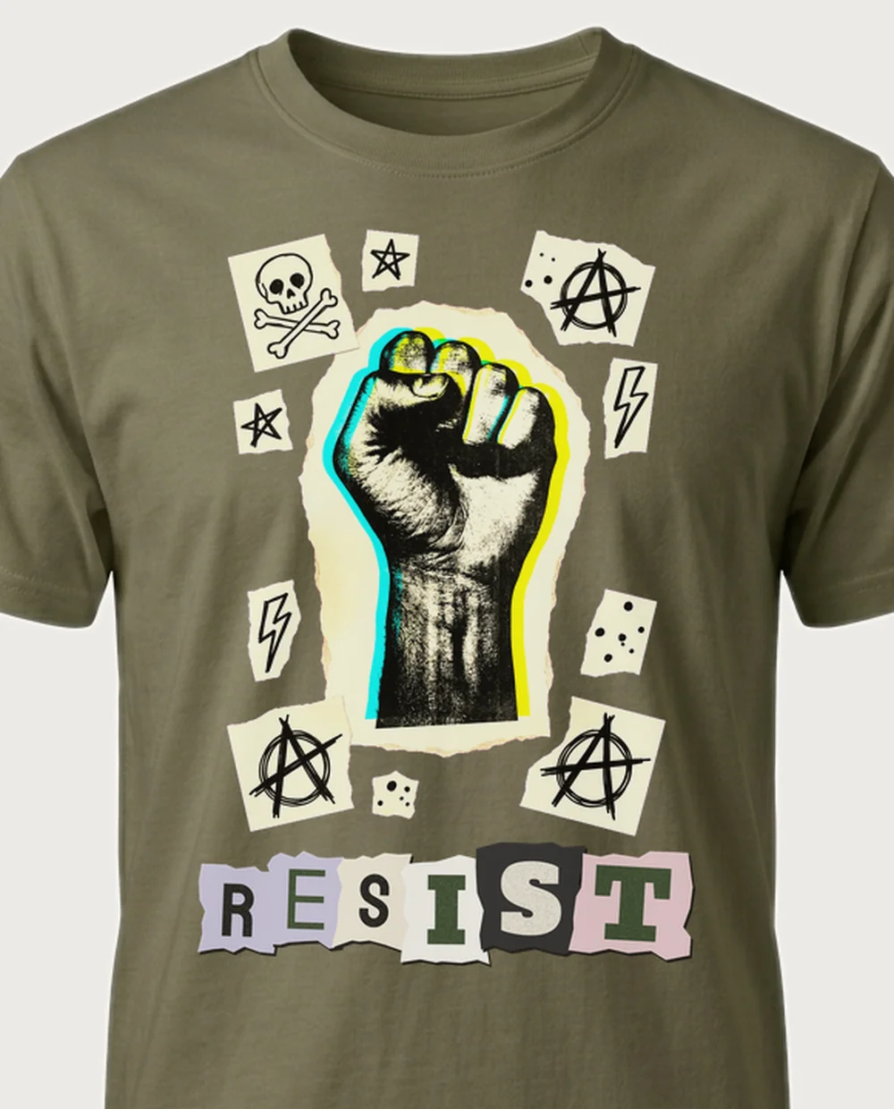 RESIST fist — Ransom Zine on a military-green tee