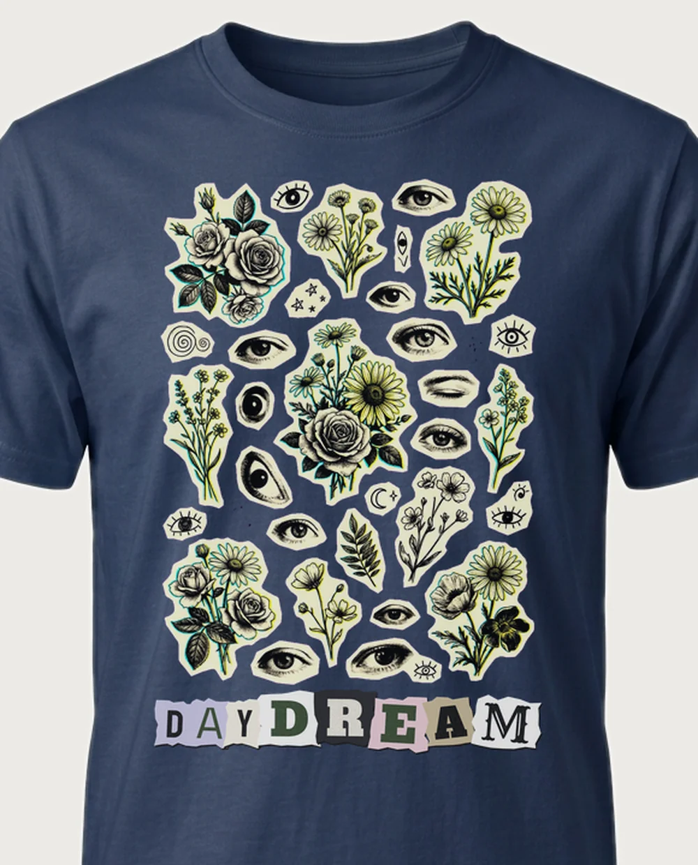 DAYDREAM collage — Ransom Zine on a navy tee